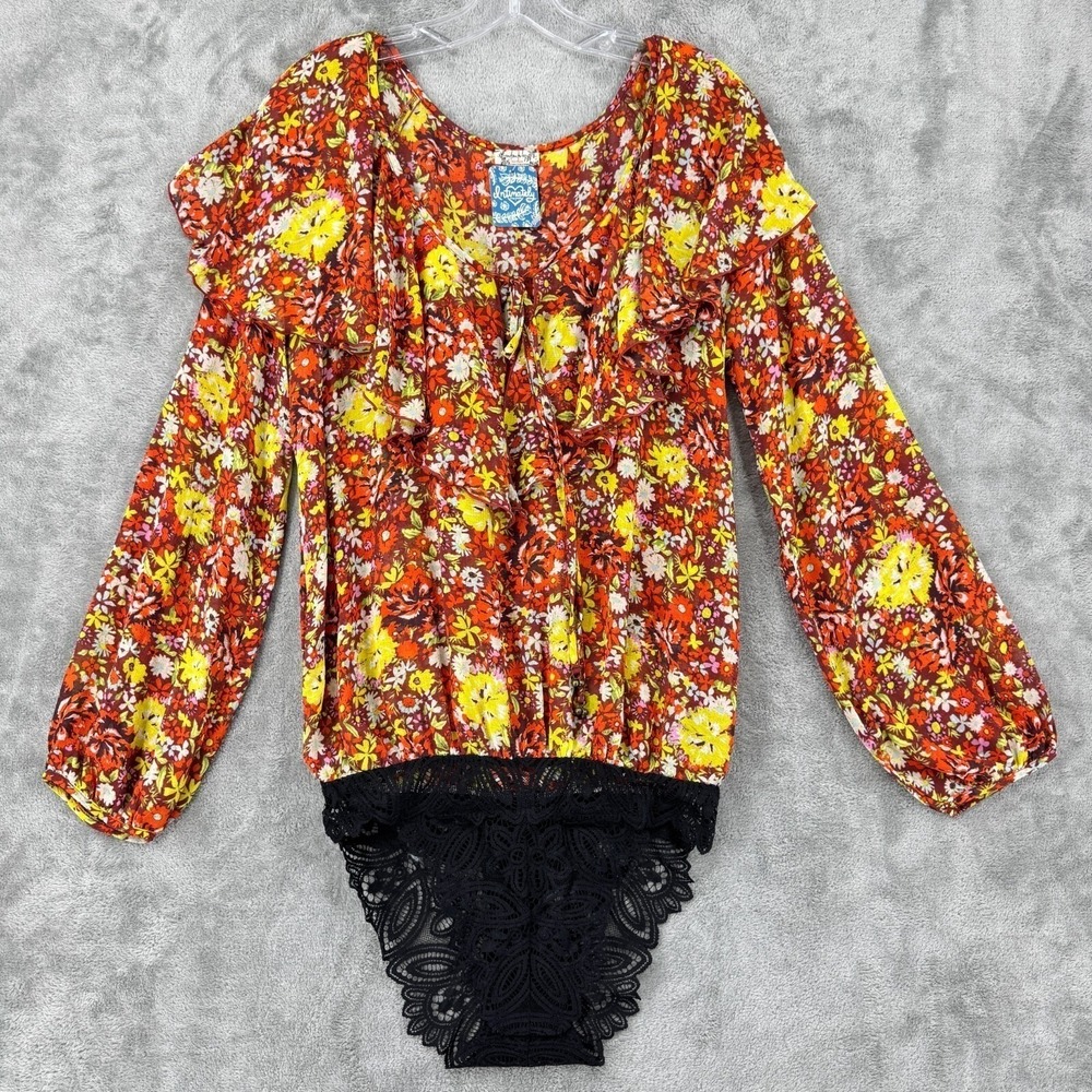 Free People Bodysuit Womens Small Say It To Me Cottage Ruffle Tie Boho Floral